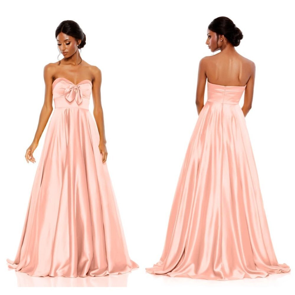 Mac Duggal Peach Strapless Satin Ball Gown with Front Bow